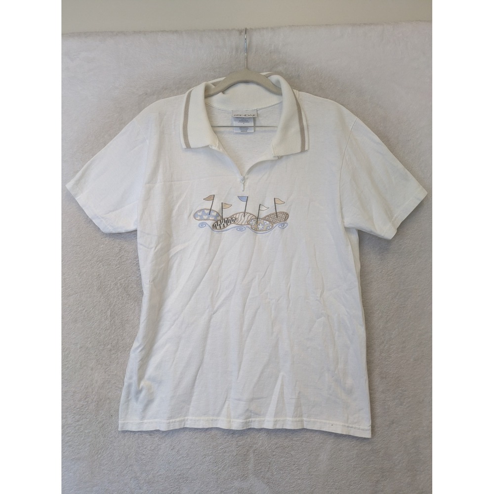 NEW Brindar Polo Shirt Women's Medium White Embroidered Nautical Quarter Zip